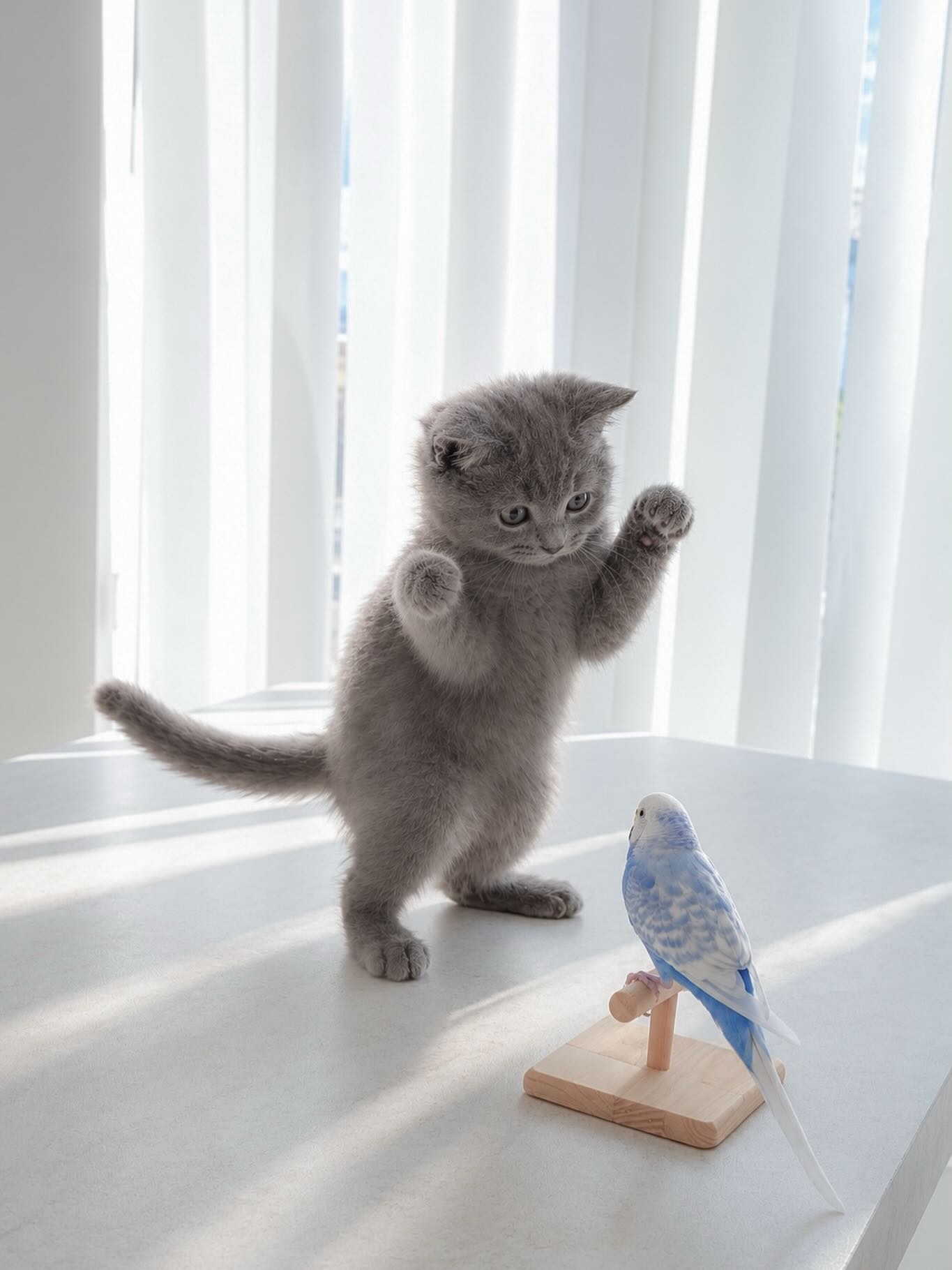 前足を上げるもちと、止まり木にとまる青いインコ