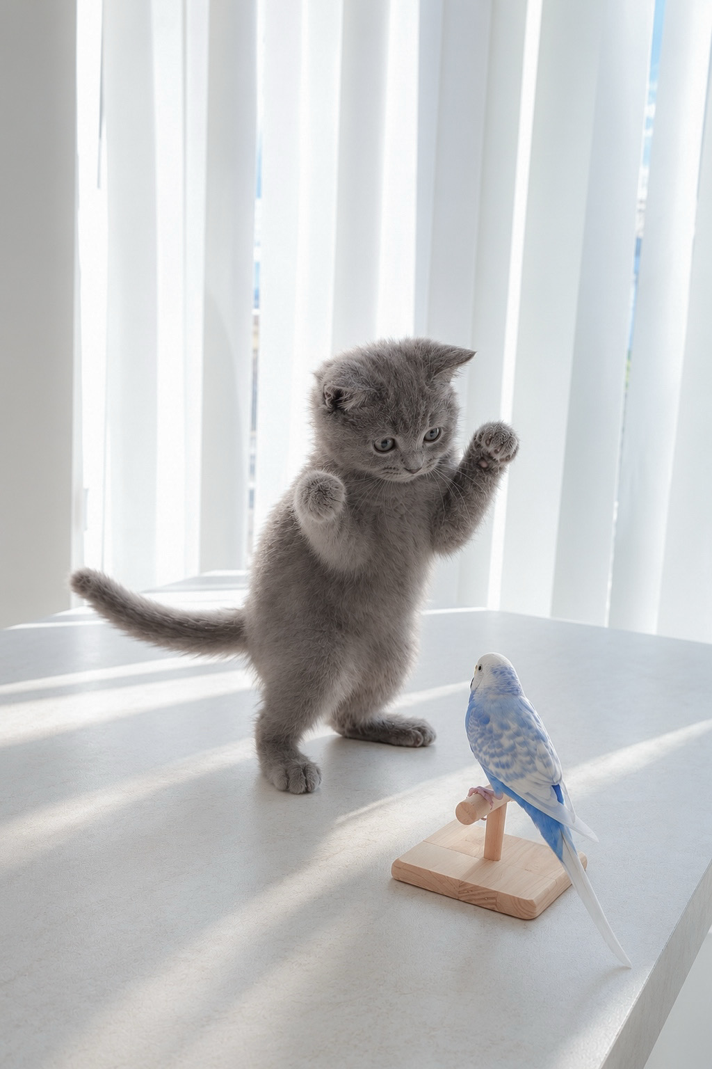 明るい窓辺で前足を上げるグレーの猫と、止まり木にとまる青いインコ